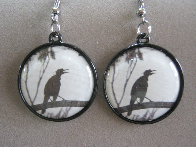 Crow Earrings Enameled Metal Drop Hoops