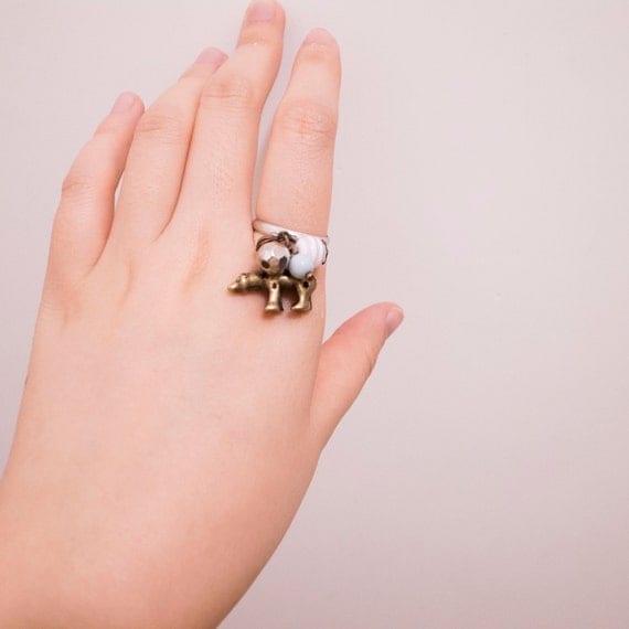 Cute Bear Charm Ring with Mint Blue and Silver Beads, Adjustable Ring, First Finger Ring, Bear Charm Necklace