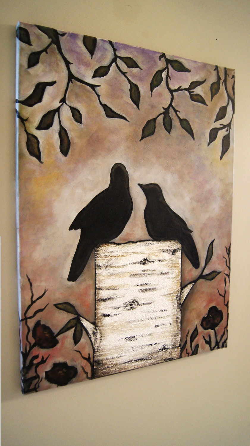 Sunset at Wilson Thicket  -Silhouette Birds on a Birch Stump Acrylic Painting