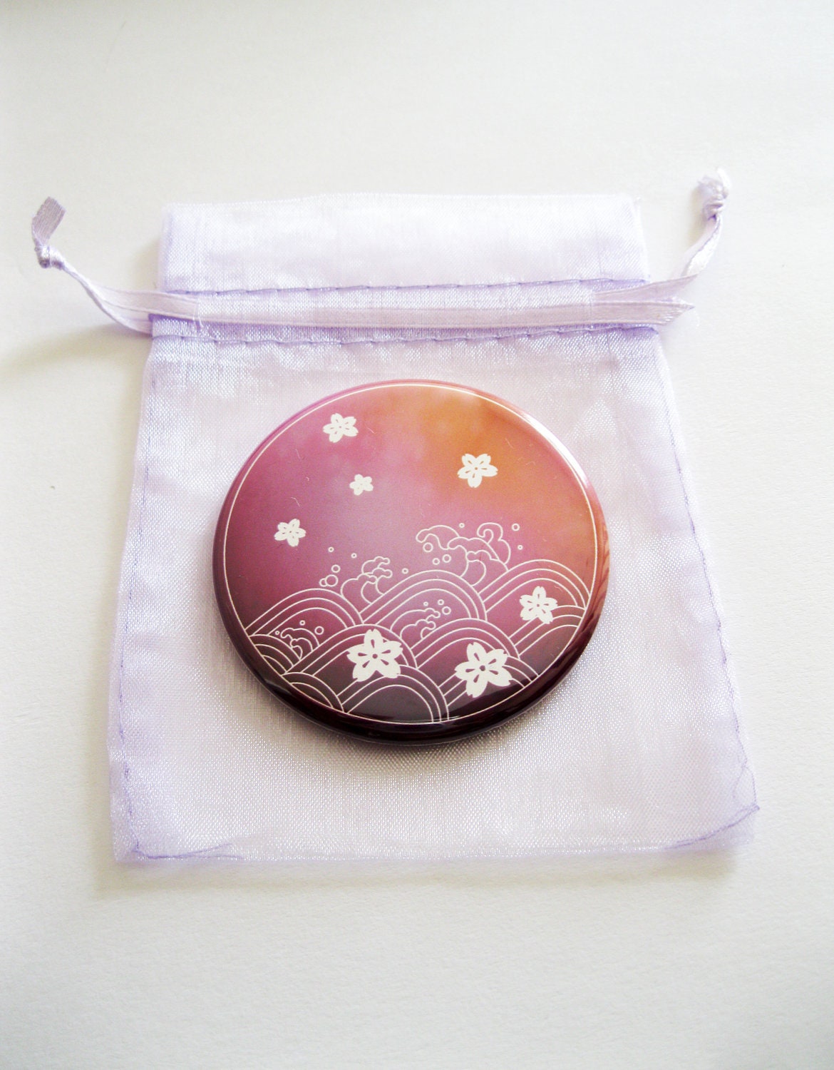 Peach Melba Blossoms and Waves Japanese Inspired Design Pocket Mirror - UK Seller