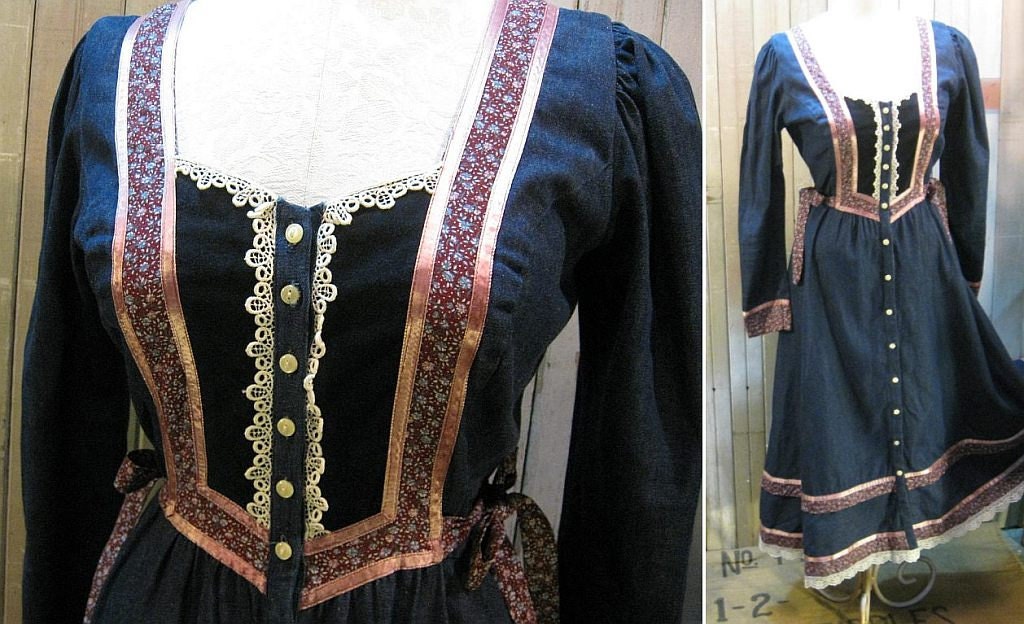 Denim Calico Lace Gunne Sax Dress 1970s vintage patchwork Peasant girl M L