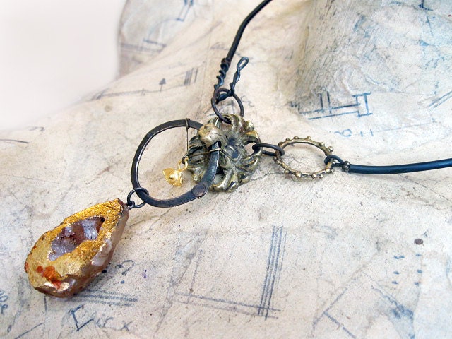 Among Empty Eternities. Cosmic Victorian Tribal Choker with Geode Druzy, Gold Leaf.