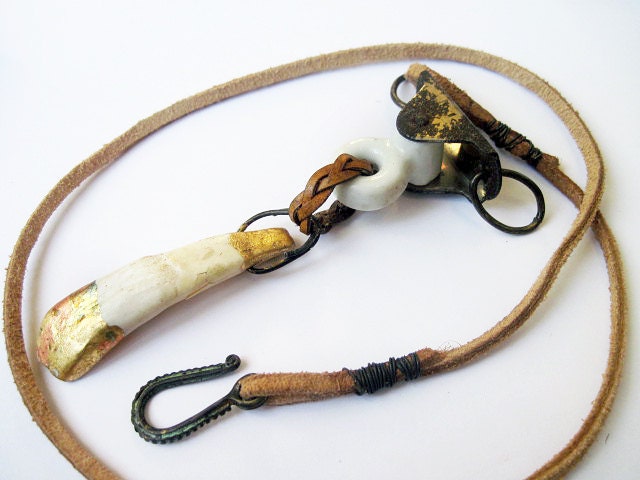 The The Garden of All Hope. Cosmic Rustic White Found Object Necklacer with Gold Leaf, Buffalo Tooth.