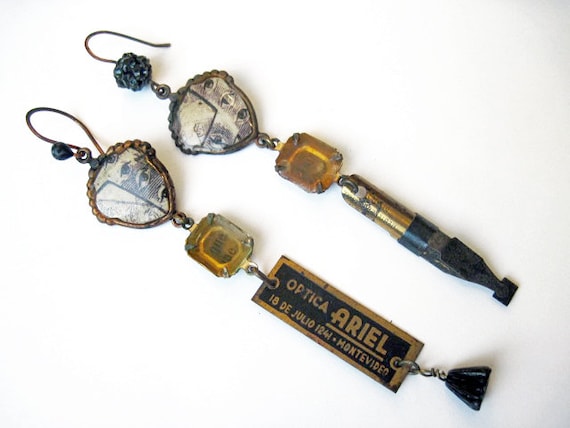 Spy. Rustic Assemblage Earrings. Black gold resin found objects asymmetrical.