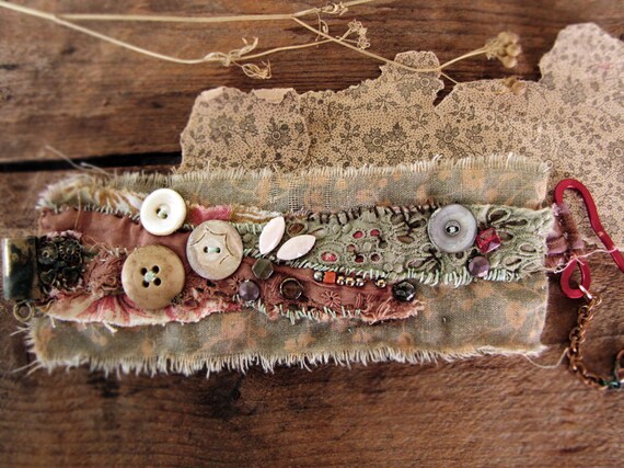 Wallflowers - salvage textile wristcuff - vintage lace - vintage button details