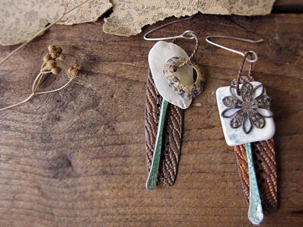 Ocean Relic - artisan earrings - found objects - mismatched style - eco friendly - salvage bohemian
