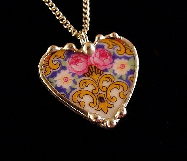 Broken china jewelry heart pendant necklace Antique Czech porcelain vibrant pink roses floral