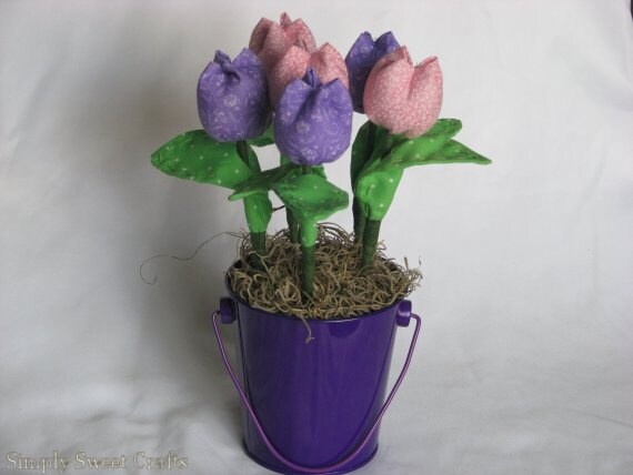 Fabric Flower Bouquet with vase - lavender and pink fabric flowers arrangement- Lavender and Pink Flower Centerpiece. Set of 6 tulips
