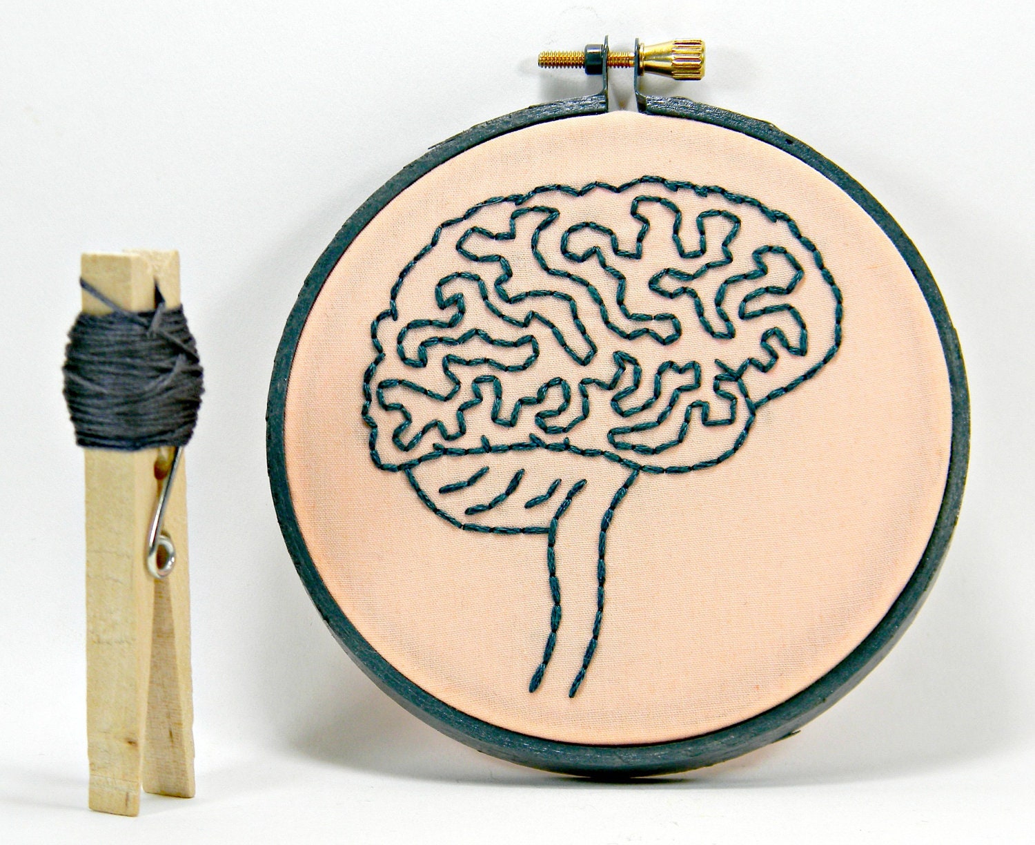 Grey and Pink Brain Anatomy Mini Hoop Art. Hand Embroidered.