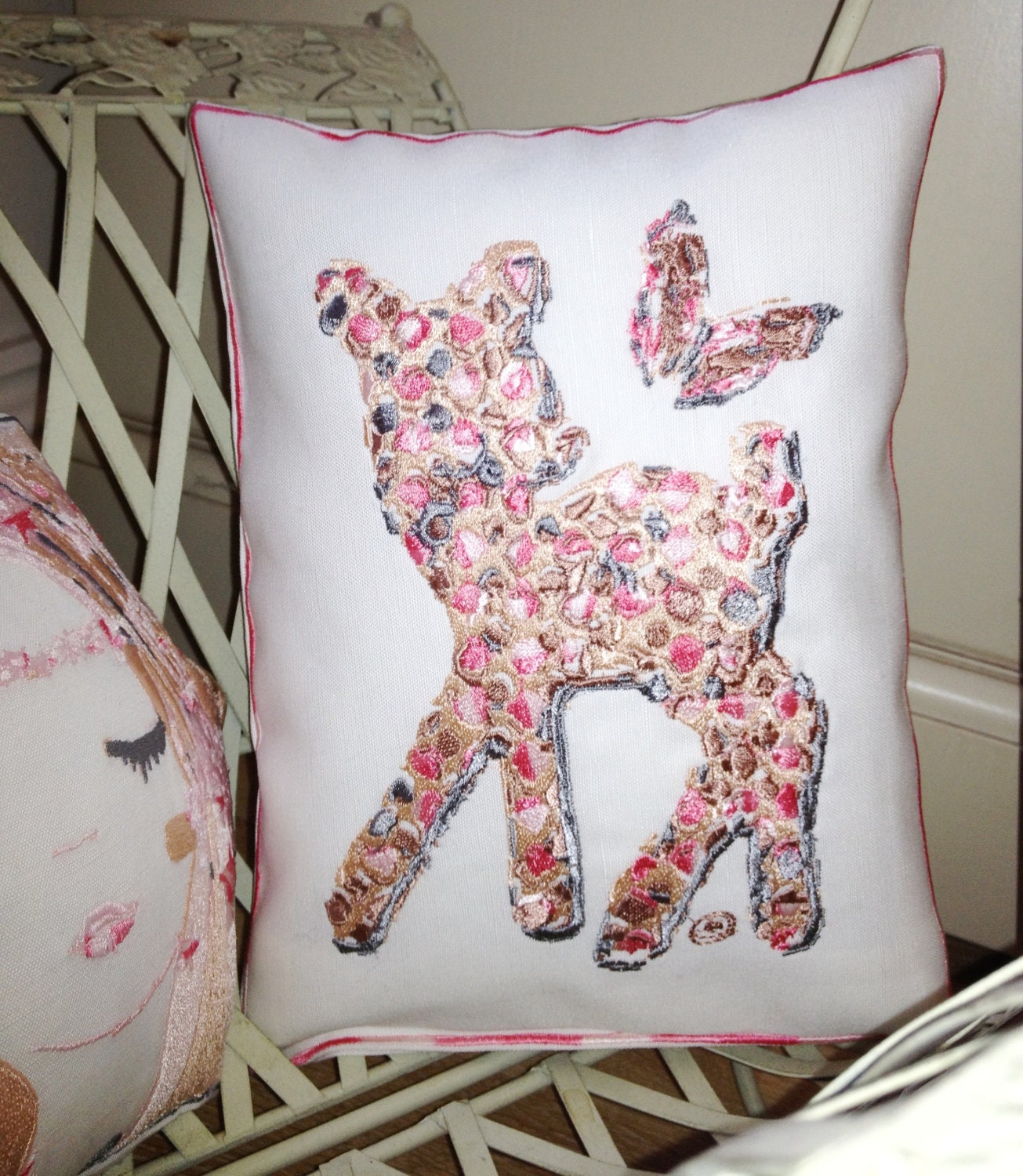 Deanna the Deer and Buttercup the Butterfly -Artistic Textured Embroidery - Throw Cushion