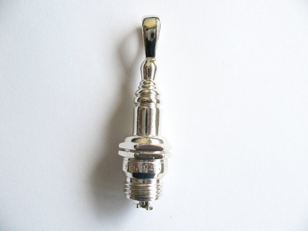 Spark Plug Pendant in Sterling Silver with Black Leather Necklace
