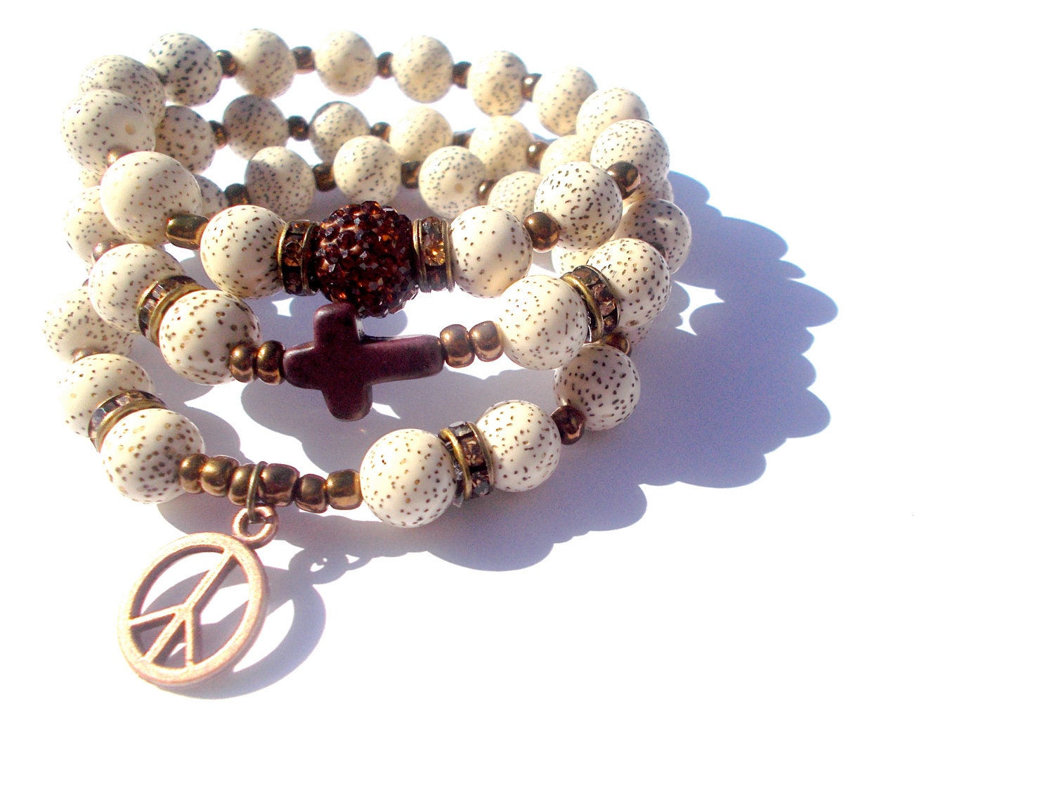 Beaded bracelet set, brown and cream, Perfect Peace