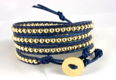 Leather Wrap Bracelet , 14K Gold Bracelet, Any Size, Any Color, Free Shipping Worldwide
