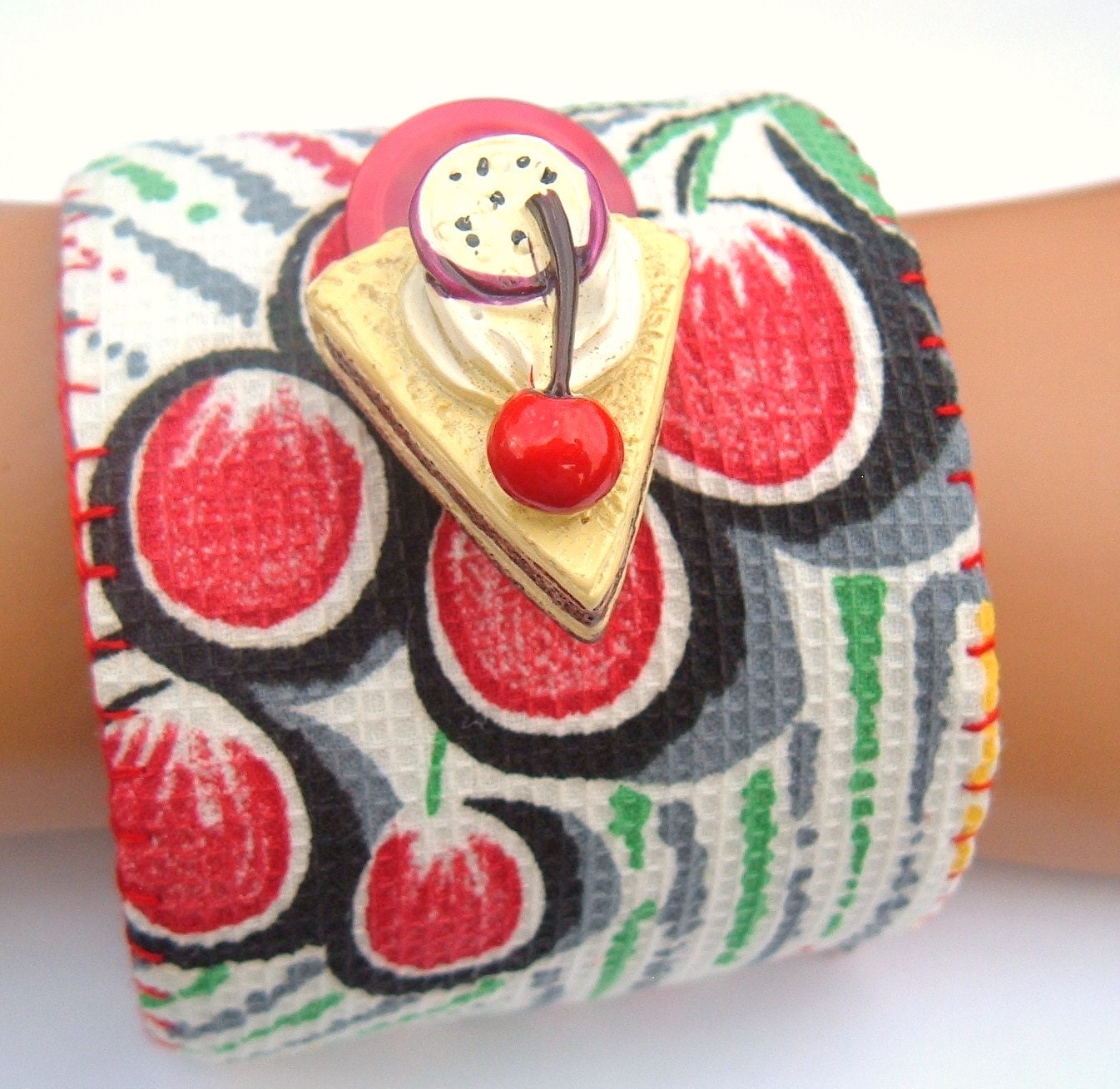 Red Grapes and Cherry Pie Fabric cuff Bracelet vintage recycle