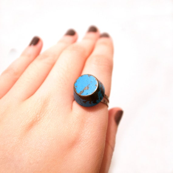 Rusty Copper Ring, Patina, Turquoise Blue, Acid Blue, Adjustable