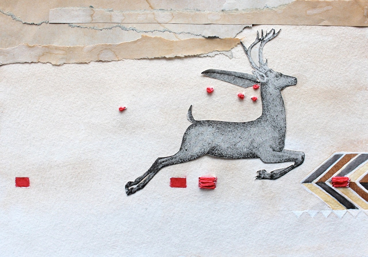 "Tribal Deer," Mixed Media with Watercolor and embroidery, Approx. 5 x 7 in. by Heather McCaw