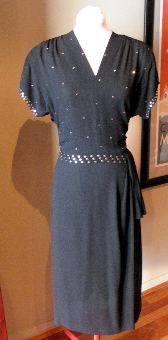 Vintage 1940s Black Crepe 'Silver Sequined' Gown - M to L
