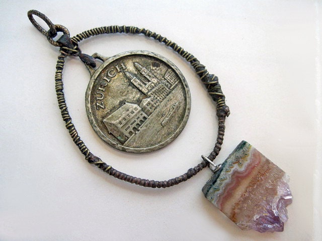Zurich. Victorian Tribal Rustic Antique Medal and Amethyst Slab Pendant.