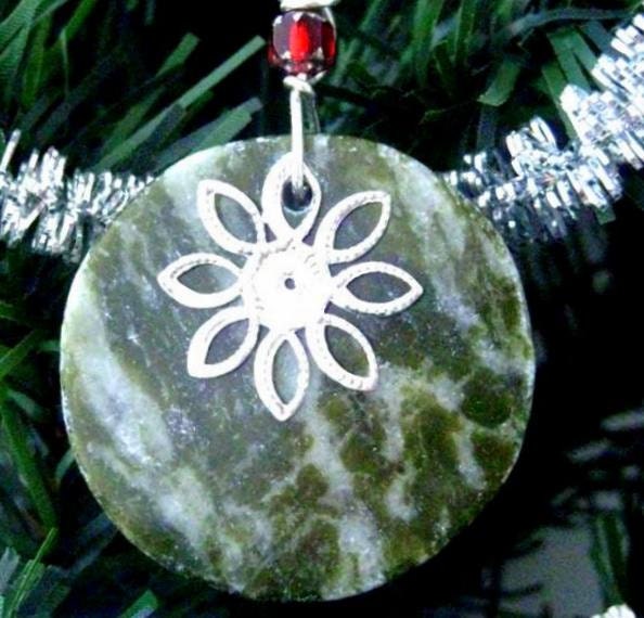 Irish Ornament. Connemara Marble Christmas Ornament with Silver Flower Snowflake