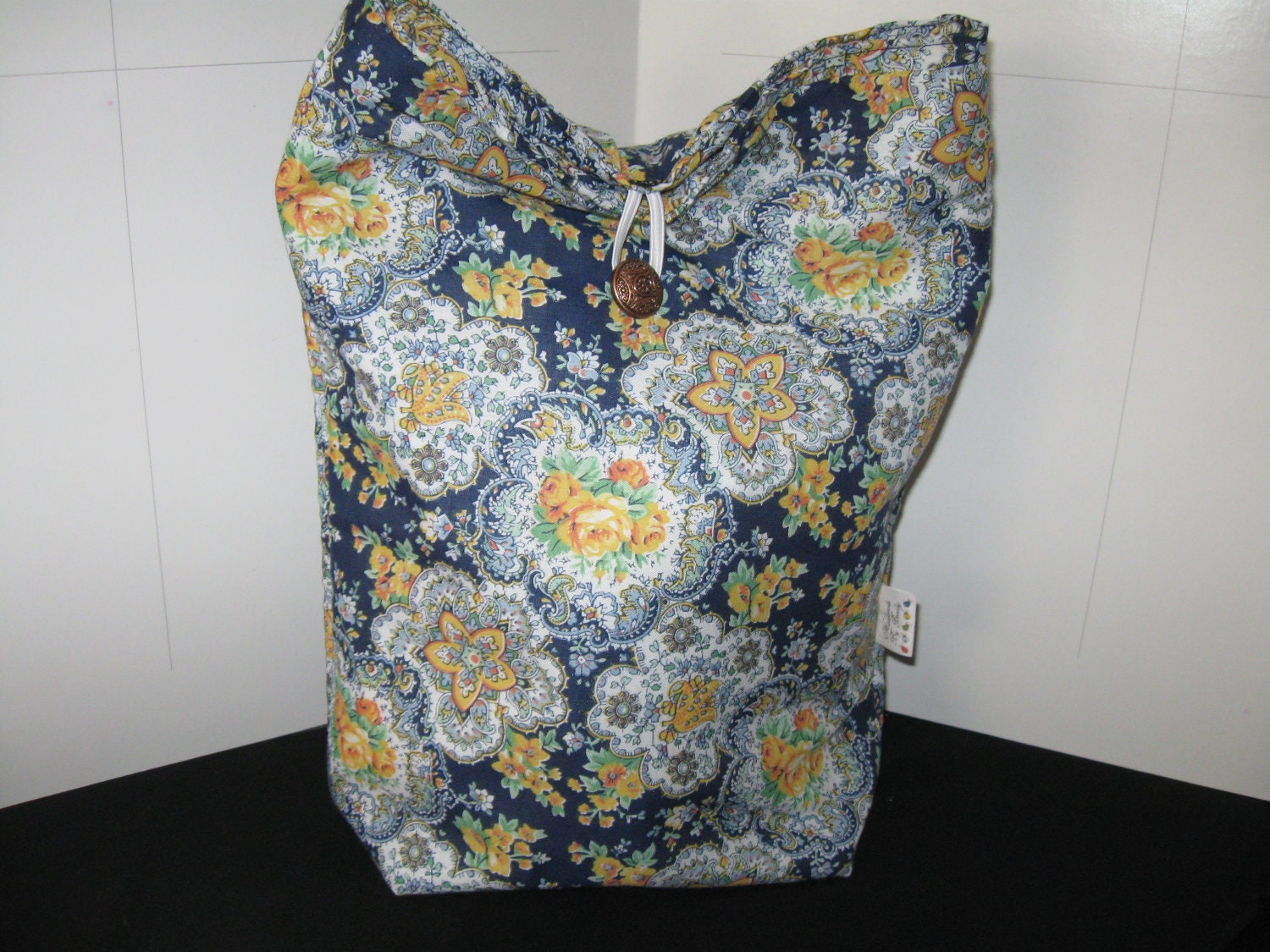 Go Green Extra Large Insulated Blue & Yellow Floral Print Lunchbag with Same Print inside All Cotton Reusable lunchbag or lunch sack