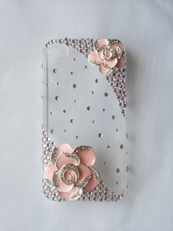 Custom order for saffet- Pink iPhone 4 4s Case Camellia Flowers Rhinestones Bling Crystal Cell Phone Cover Verizon T-mobile