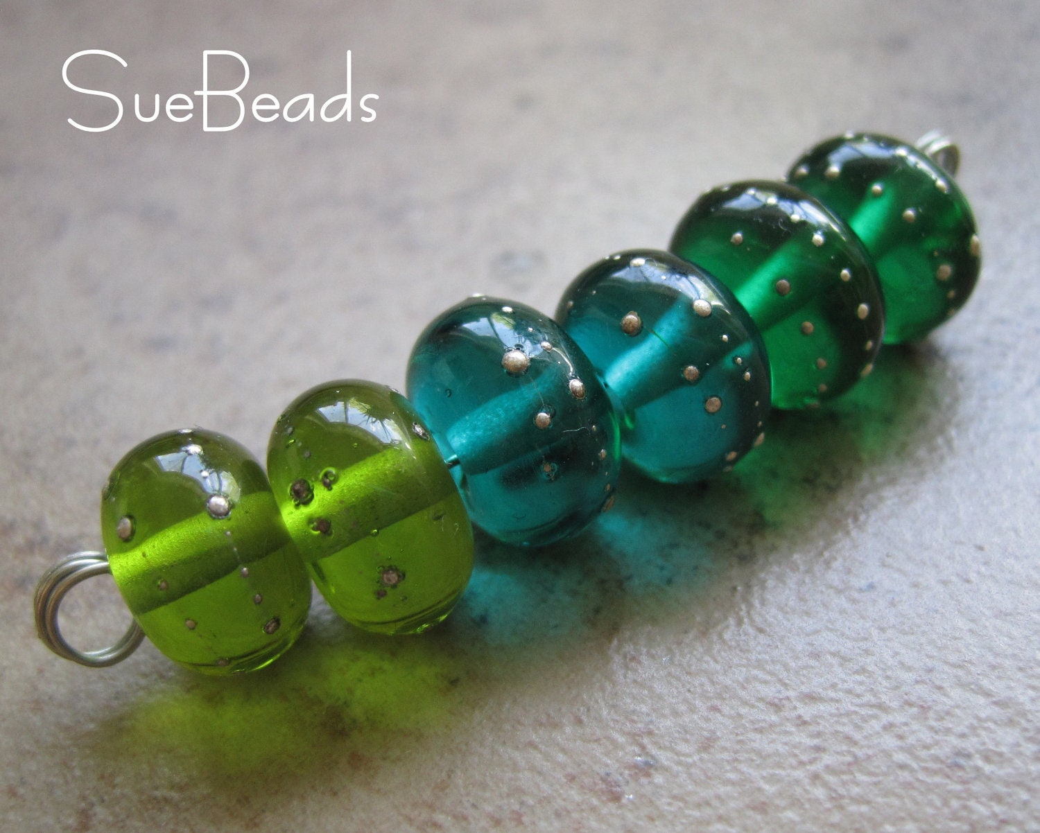 Lampwork Beads - SueBeads - Sparkle Mini Beads - Green Mix Sparkle Mini Set of 6 Unetched - Handmade Lampwork Beads - SRA M67