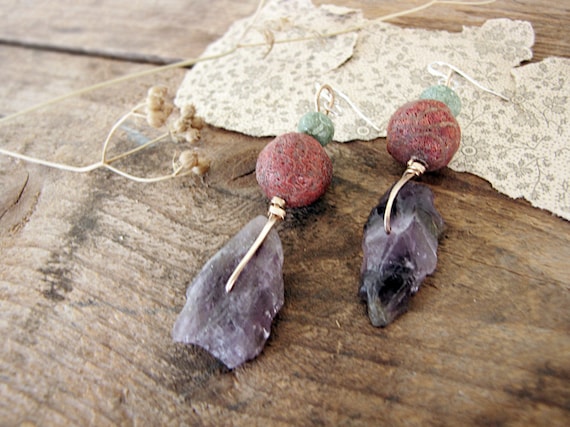 Frost - raw amethyst earrings - red coral beads- amethyst nuggets - modern rustic