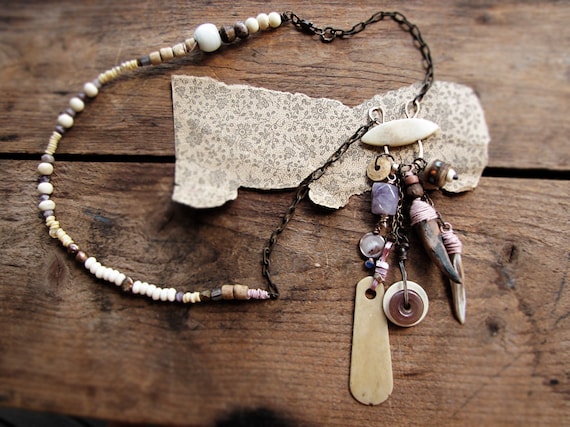 Gentle Hunter - cluster charm necklace - bone beads - romantic tribal sci fi