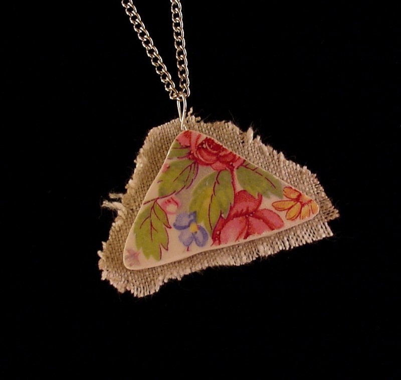 Broken china jewelry shard and linen pendant necklace antique pink rose china