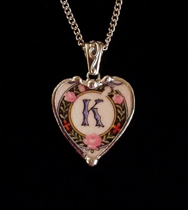 Broken China Jewelry heart pendant antique china K initial monogrammed roses Made from a broken plate