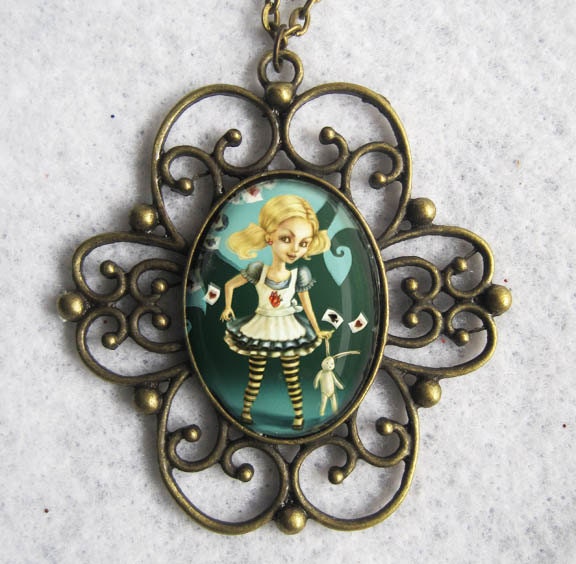 ALICE IN WONDERLAND Necklace -Cameo Glass Pendant - Fairytale Art Jewelry