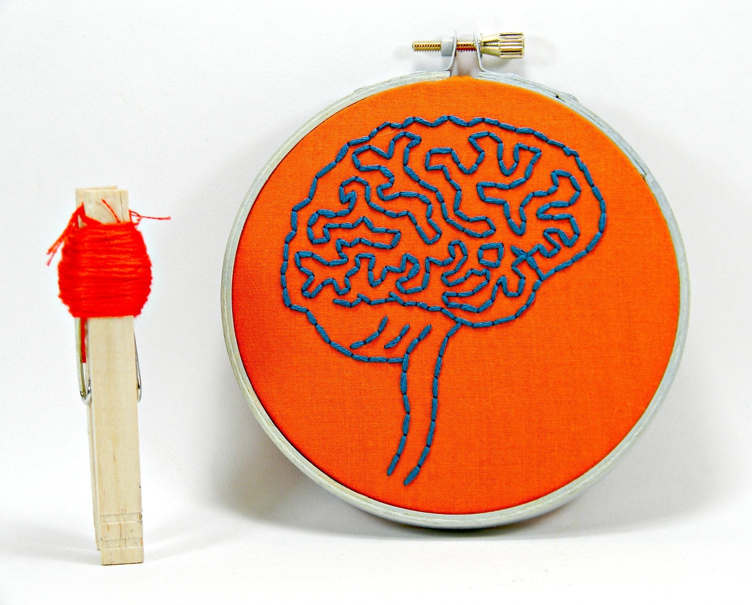 Orange and Blue Brain Anatomy Mini Hoop Art. Hand Embroidered.