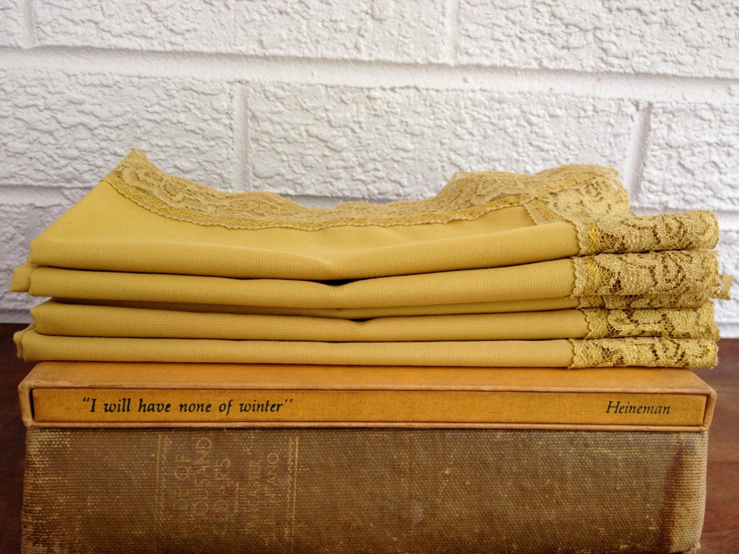 Set of 5 Vintage Mustard Yellow Lace-Trimmed Handkerchiefs/Napkins