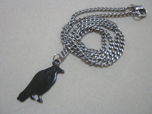Raven Pendant Enameled Metal Necklace