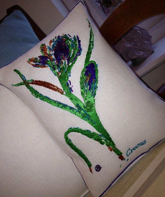 Crocus, Botanical Abstract Embroidery Art , Throw Cushion