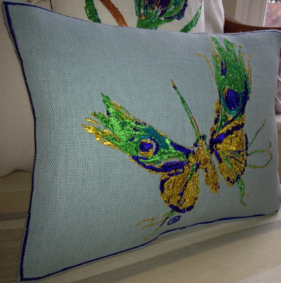 Artistic Embroidery Peacock Butterfly, Cushion Throw