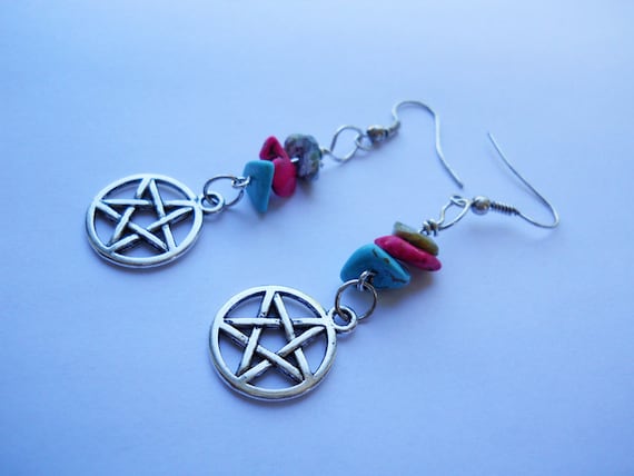 Bright Pentacle Earrings -Howlite, Pentagram, Witchy, Wiccan, Star, Stone, Pink, Green, Turquoise, Pagan