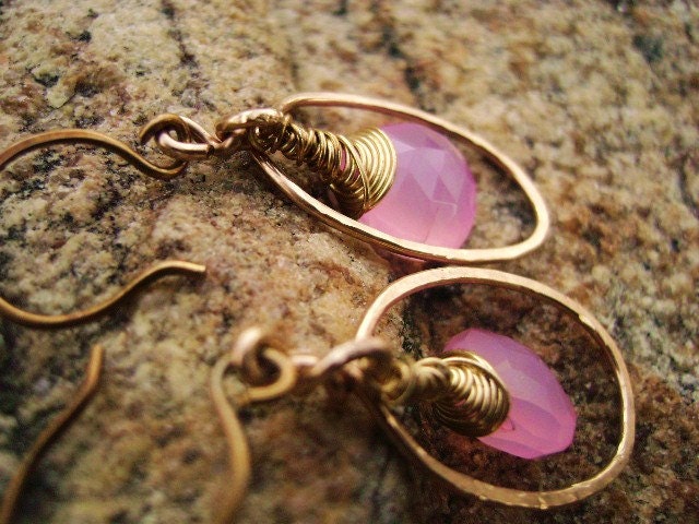 Pink Chalcedony Earrings-Hammered Gold Earring-Bridal