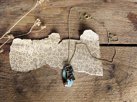 housekeeping - vintage skeleton key necklace - rustic assemblage - feminine primitive