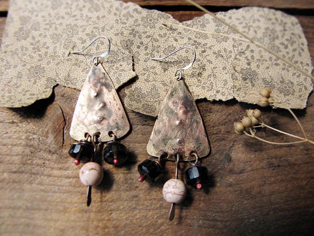 Cave Sister - artisan earrings - hammered metal - smoky quartz - primitive modern