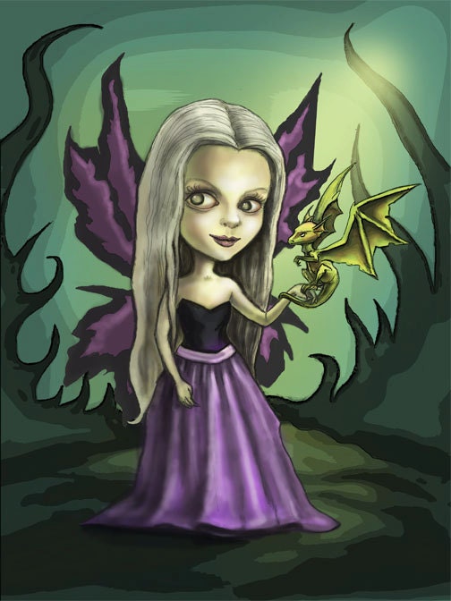 Gothic Fairy and Dragon Painting - FANTASY ART PRINT