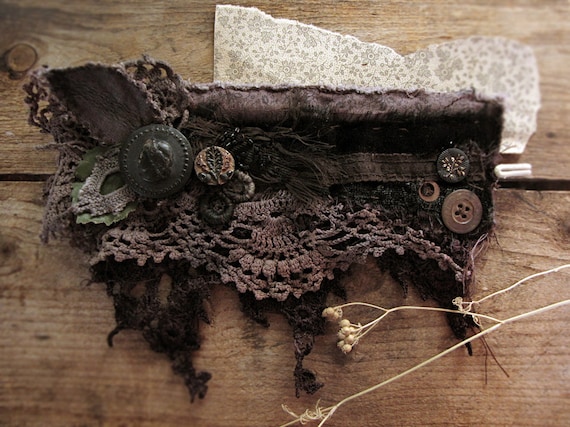 Custom order - antique textile wristcuff - vintage lace - antique buttons - hand dyed fabrics - Victorian rustic - final payment