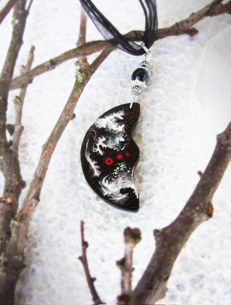Moon Pendant -  Wooden Necklace - Hand painted necklace - OOAK - Dragon's breath
