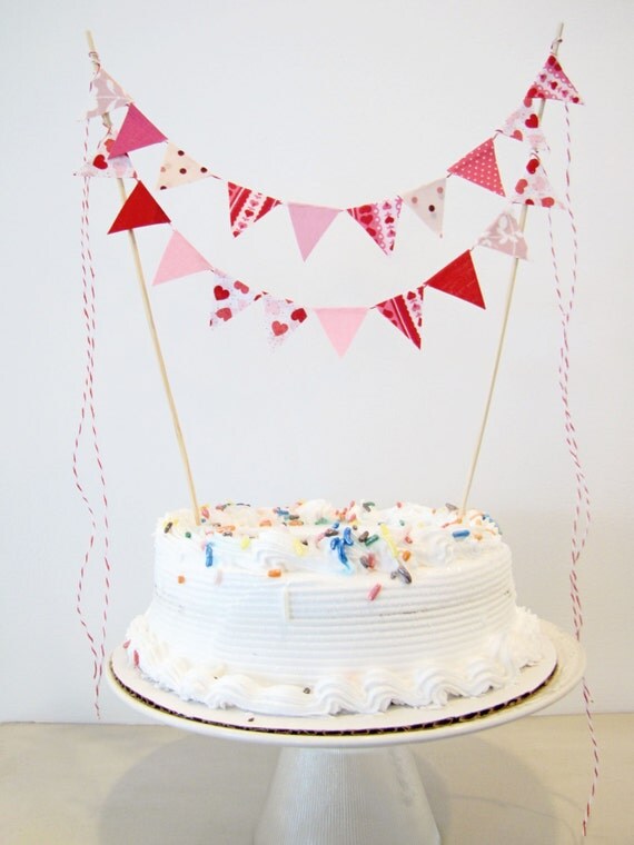 Fabric Cake Bunting Decoration - Cake Topper - Wedding, Birthday Party, Shower Decor in "Cupid" Valentines pink, red, hearts, dots, floral