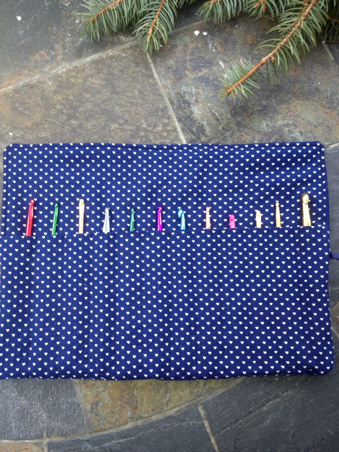 Crochet Hook Organizer/ Holder - Holds 12 Needles - Navy Blue with white hearts Print