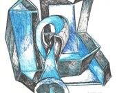 Blue Horn Ink Drawing Black and Blue Abstract
