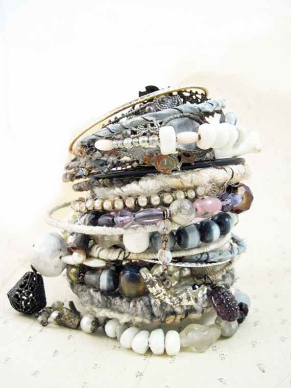 Philo-Sophia. Victorian Tribal Gypsy Assemblage Bangle Stack in whites and greys.
