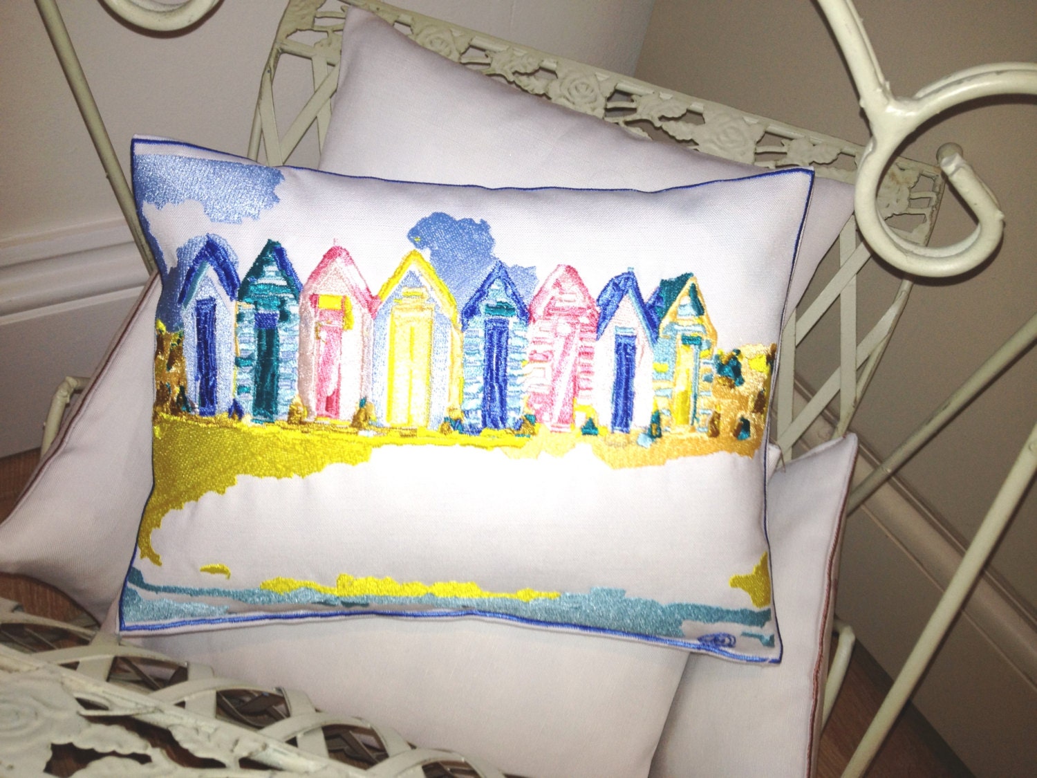 Beach Huts, Artistic Textile Embroidery - Throw Cushion