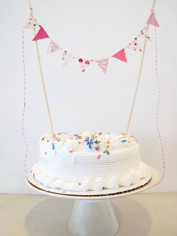 Fabric Cake Bunting Decoration - Cake Topper - Wedding, Birthday Party, Shower Decor in "Sweetie Pie" Valentines pink, fuschia, dots, floral