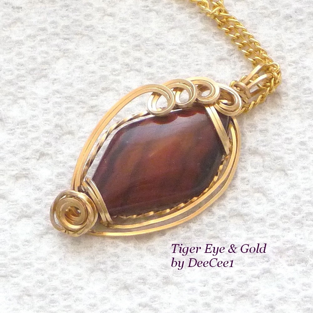 Tiger Eye  and Gold Wire Wrapped Pendant